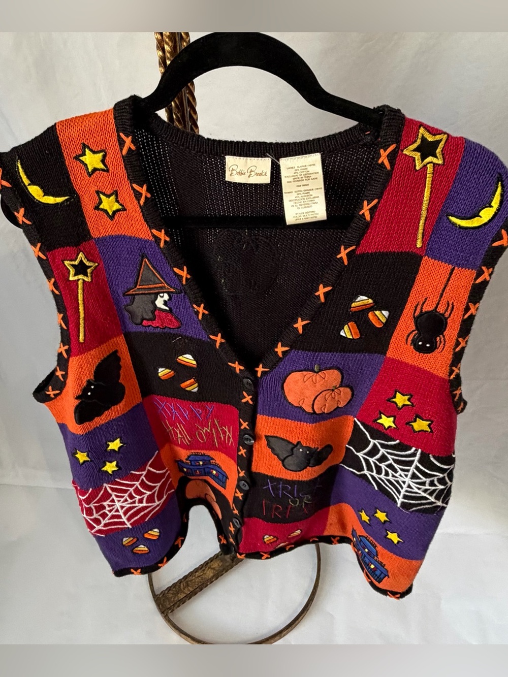 VTG 90s Bobbie Brooks Halloween Patchwork Sweater Vest XL